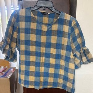 Blue and Tan Checkered Ruffle Sleeve Top